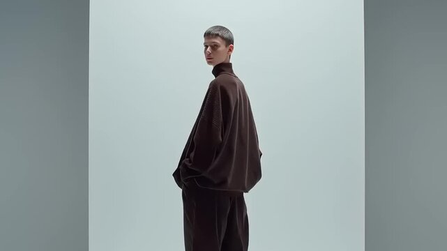 Sustainable fashion lookbook video featuring stylish clothing and accessories in a studio setting with a model posing elegantly