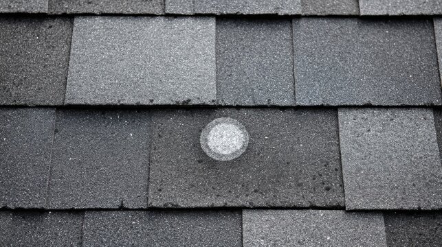 Close-up View of Hail Damage Bruise on Grey Roof Shingle Highlighting Impact and Granule Loss in Residential Area During Sunny Weather