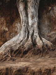 Obraz premium Close-up View of Rugged Tree Roots Exposed in the Ground Shows the Intricate Details of Nature at a Forested Location