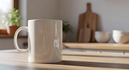 A blank white ceramic cup mockup on a wooden table, with a kitchen background. A boho or kitchen-themed cup mockup. A cup for branding, logos, or designs.