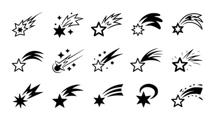 Shooting Star Icon Set with Spark Trails Vector Illustration Isolated on Transparent Background