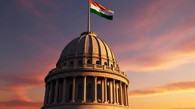 The majestic indian flag proudly flies atop a grand architectural dome, silhouetted against a vibrant, warm sunset sky in this patriotic low-angle shot.