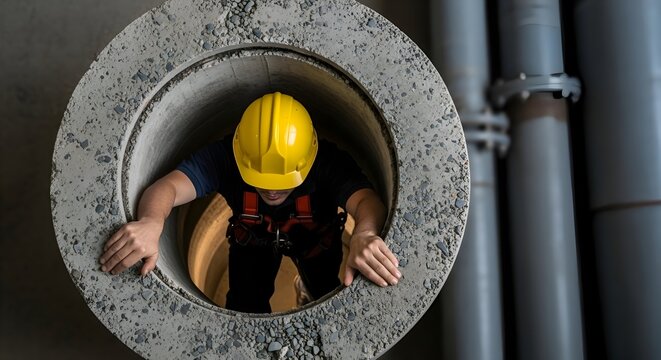 Confined Space Work: Maintenance worker in yellow hard hat entering concrete manhole with safety harness, industrial sewage repair, underground utility, engineering and safety concept