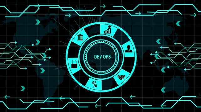 Dev Ops concept with icons and with gears on dark background DevOps development
