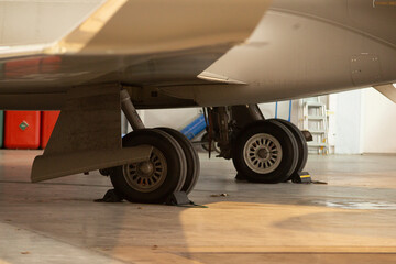 Detailed Gulfstream landing gear with hydraulic and brake systems. Twin primary landing gear assembly including wheels bogie and hydraulic brake system in hangar lighting