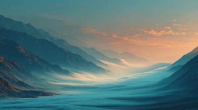A breathtaking sunrise illuminates a serene mountain valley, casting golden hues across the sky. Layers of mist drift through the deep blue peaks, creating a tranquil and majestic natural landscape.