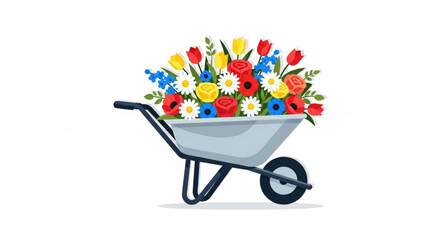 Colorful wheelbarrow overflowing with vibrant bouquet of fresh flowers gardening and spring concept