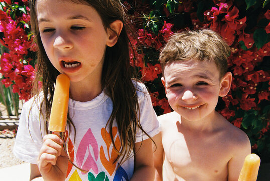 Children eating popsicles in summer