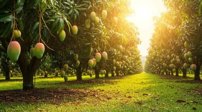Image is a vibrant, high-resolution photograph depicting a lush mango orchard. The layout features rows of mango trees extending into the distance, creating a sense of depth and perspective. The foreg