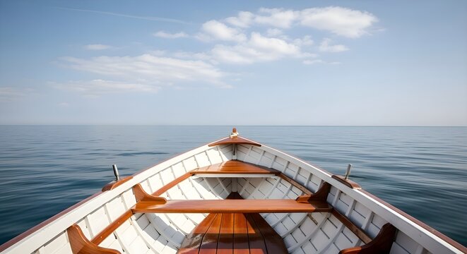 Ocean Voyage Perspective: Front view of wooden rowing boat on calm blue sea, horizon and clouds, summer vacation, travel and freedom adventure concept