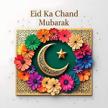 Elegant Eid Ka Chand Mubarak greeting featuring a gold crescent and star framed by colorful paper flowers and ornate latticework, conveying celebration, joy, tradition and the Ramadan moon sighting