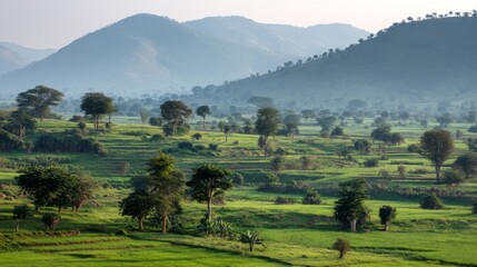 Obraz premium Scenic Green Landscape with Rolling Hills and Sunny Sky at Dawn, Capturing the Tranquility of Nature and the Beauty of Rural Life