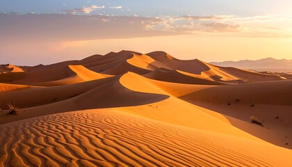 Sweeping desert dunes illuminated by warm sunrise light, with subtle cloud cover