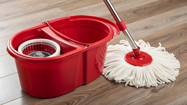 Red microfiber mop bucket with attached cleaning head on wooden floor