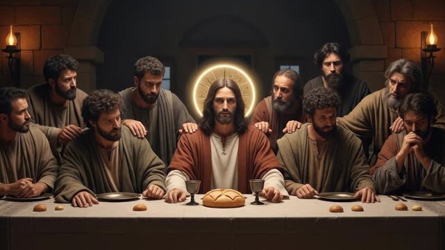 Jesus Christ and the apostles gather for the Last Supper in a dimly lit stone room, a key moment in Christian theology and Bible narrative.