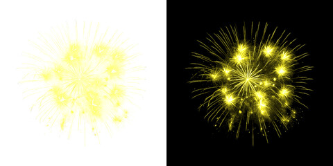 Beautiful yellow fireworks on transparent and black background for festive designs © Ontime Rahela
