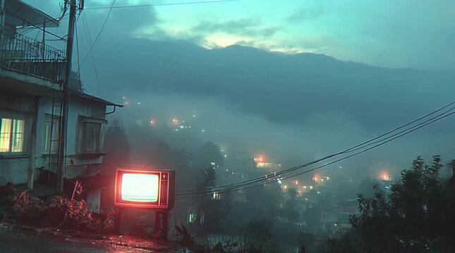 Old Television Set Glows In A Foggy Mountain Village At Dusk