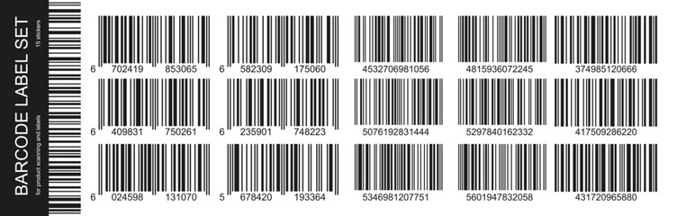 Realistic black barcode stickers with thick and thin lines. Ean symbol on price tag or product identification and scanning.