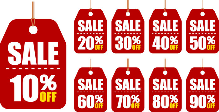 10％OFF、20％OFF、30％OFF、40％OFF、50％OFF、60％OFF、70％OFF、80％OFF、90％OFFのセールを表すディスカウントラベル　Discount Label SALE
