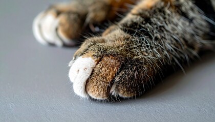 Obraz premium Cats front paw with white toe beans on gray surface