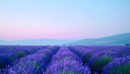 Obraz premium Lavender field with purple flowers at dusk against rolling hills