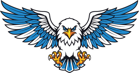 Bold stylized eagle with spread wings, fierce blue eyes, yellow beak, and symmetrical feather design symbolizing strength, freedom, and vigilance