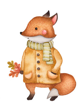 Illustration of a fox holding autumn leaves