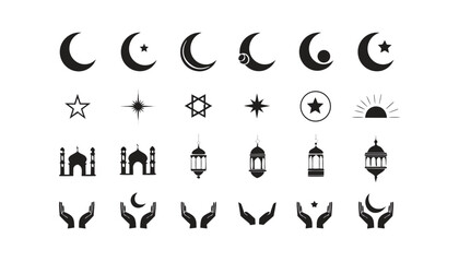 Fototapeta premium Elegant Collection of Islamic Celebration Symbols, Crescent Moon and Star Icons for Ramadan Design