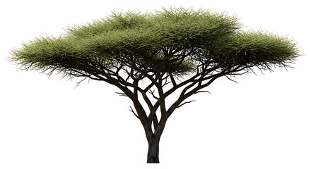 Fototapeta premium Acacia tree with flat top canopy and thorny branches on a clean white background