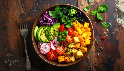Colorful vegetarian bowl with diverse veggies, fruits, and greens, with fork alongside
