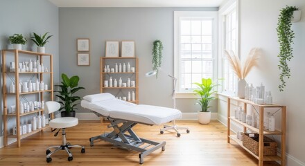 Fototapeta premium Modern minimalist beauty salon interior with white treatment bed, wooden shelves, and various white cosmetic product bottles