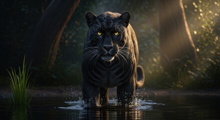 Black panther with glowing yellow eyes walking through shallow water in a dark forest at sunset