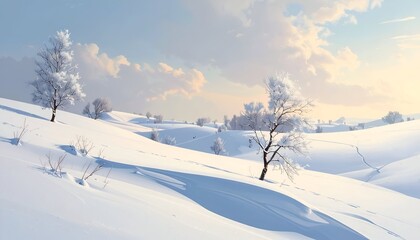 Obraz premium Serene winter landscape features snow-covered hills with frosted trees under a cloudy sky