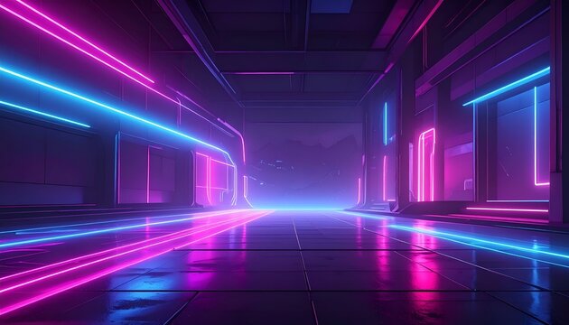 Futuristic interior hallway with neon lighting, leading towards a hazy, mountain silhouette