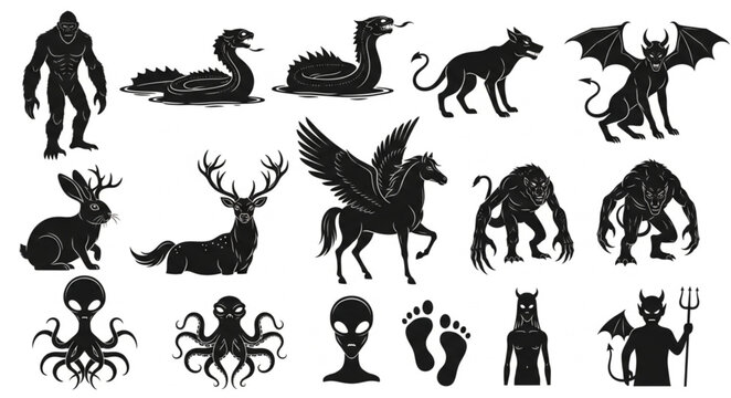 Collection of mythical creatures and cryptids silhouettes.