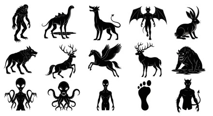 Collection of mythical creatures and cryptids silhouettes. © Jmotor