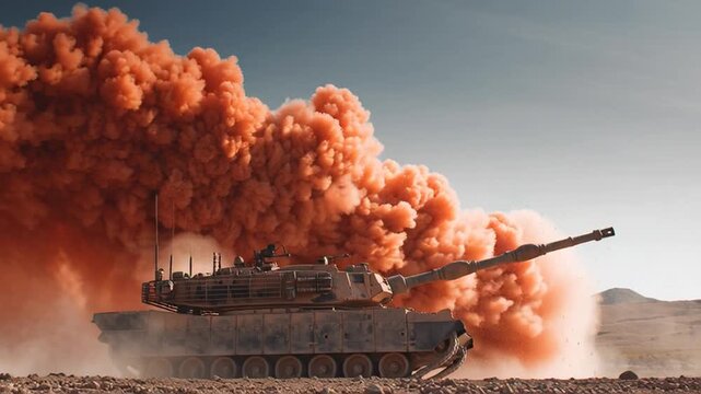 Military tank firing large cannon with intense recoil and massive smoke explosion in desert landscape