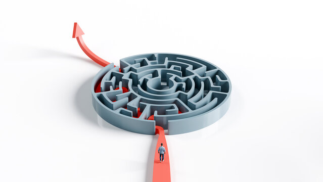 Man walking toward a circular maze with a red arrow path leading to an upward exit representing guided business strategy, 3d render