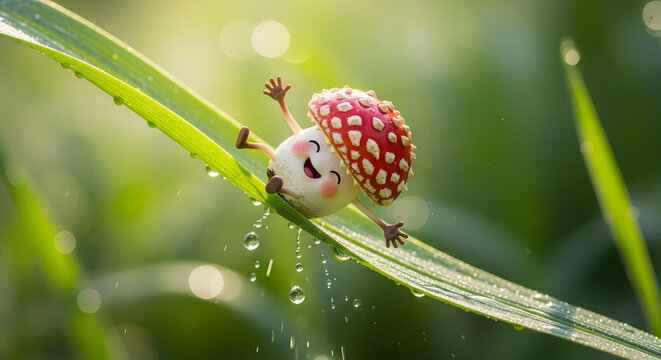 Happy cartoon mushroom character sliding down a leaf with droplets in a lush green background