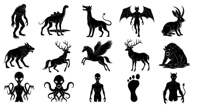 Collection of mythical creatures and cryptids silhouettes.