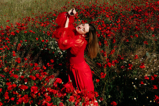 Fashion model wearing red dress posing in poppy field 