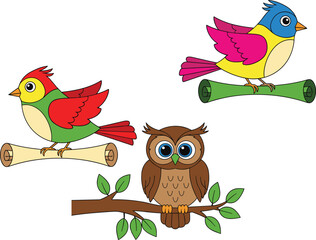 Fototapeta premium Colorful cartoon birds perched on branches including owl, parrot, and playful species with vibrant feathers, expressive eyes, and cheerful design