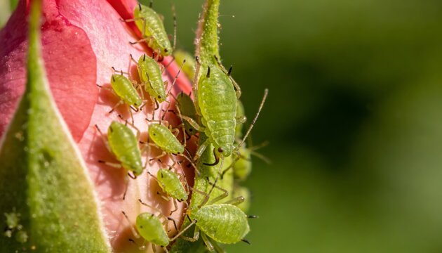 Close-up of aphids on rosebud macro with red petals starting to show and pests scattered on bud