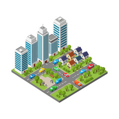 Isometric city landscape with modern buildings, houses, roads, and cars.