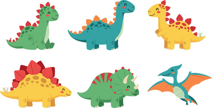Cute dinosaur cartoon set with friendly prehistoric animals stegosaurus triceratops and pterodactyl playful vector illustration for kids nursery designs
