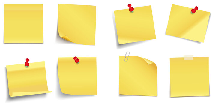 Realistic Sticky Notes Set Isolated on White Background, Post It Notes Collection with Soft Shadow, Colorful Reminder Paper Sheets, Office Memo Pad Stock Vector Illustration for Design & Presentation