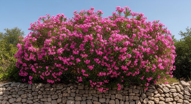 Vibrant pink flowering bush growing behind a rustic stone wall under a clear blue sky.