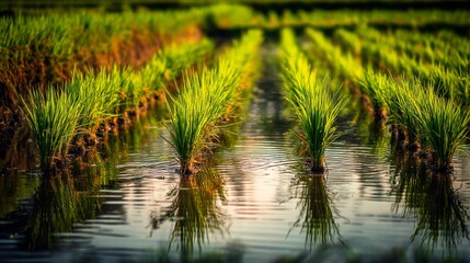 Obraz premium Lush Green Rice Field Reflections at Sunset with Water Channel and Vibrant Reeds Stretching into the Horizon