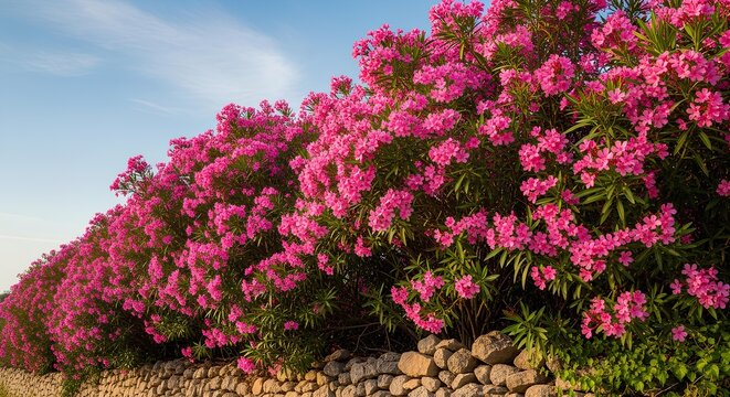 A vibrant row of pink oleander bushes blooming profusely along a rustic stone wall under a clear blue sky on a sunny day.