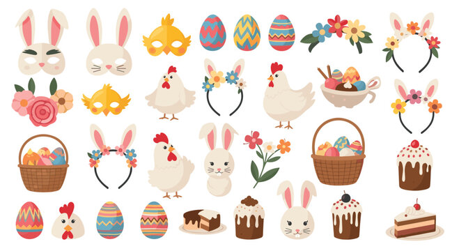 Comprehensive set of easter elements including bunny masks colorful eggs chickens flower headbands and festive cakes on white.